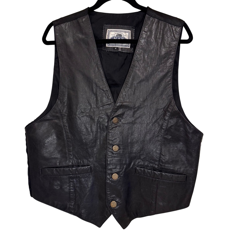 Vintage Black Leather Vest‎ Size M Star Buttons Western Bikercore Biker Goth